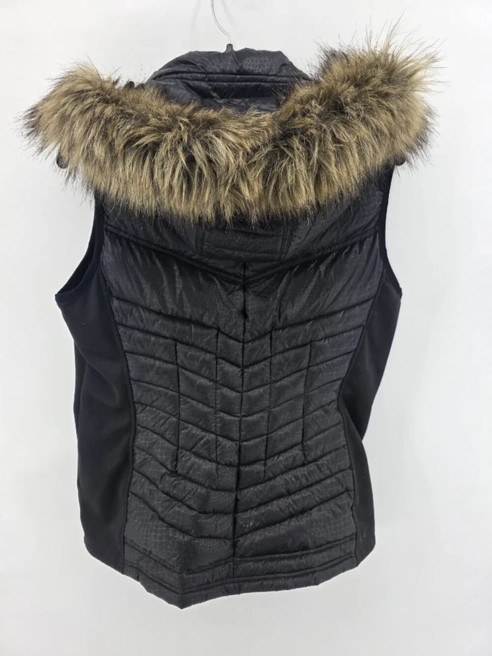 Michael Kors Black Quilted Puffer Vest Size M Faux Fur Hood Gold MK Logo